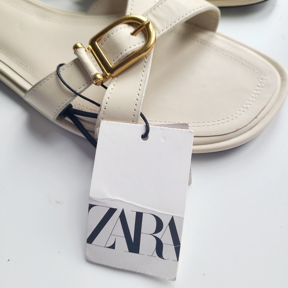 Zara Womens Sz 10 Flat Sandals Abierto Leather Ivory Cream NEW Strappy GOLD‎ - Picture 2 of 5